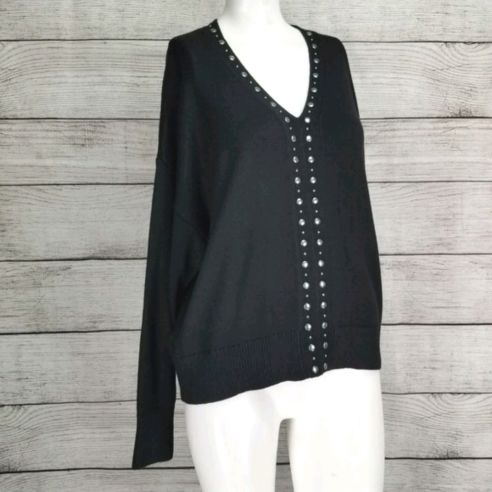 Rebecca Minkoff NWT Francesca Sweater Studded Pullover V-neck Black S Moto Goth